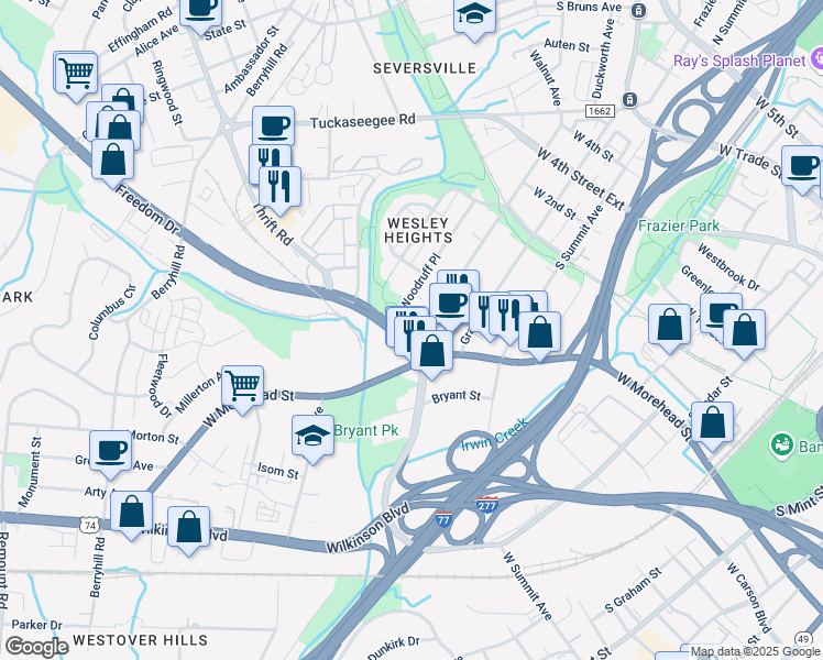 map of restaurants, bars, coffee shops, grocery stores, and more near 920 Woodruff Place in Charlotte