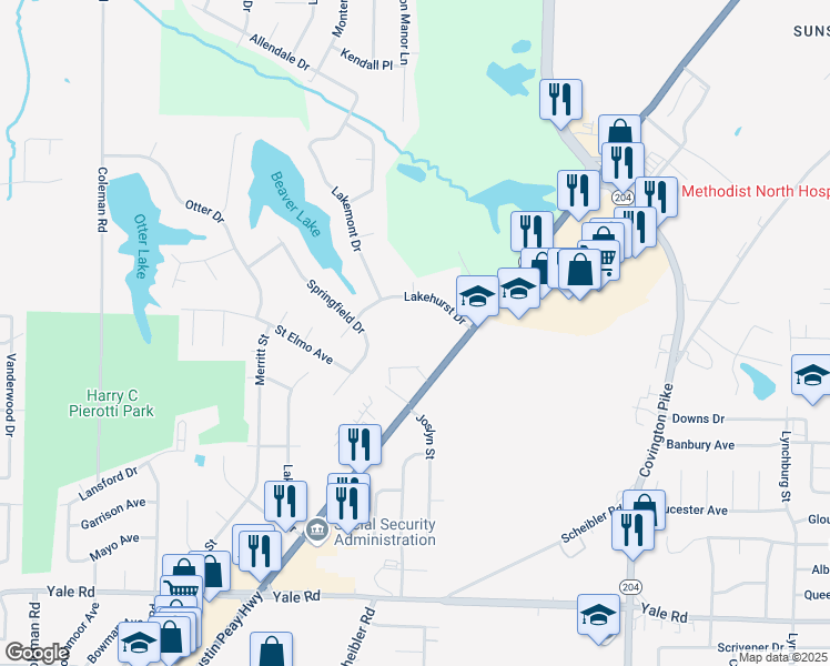 map of restaurants, bars, coffee shops, grocery stores, and more near 3828 Lakehurst Drive in Memphis