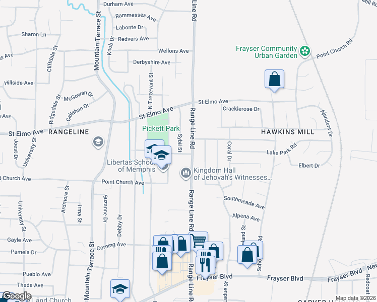 map of restaurants, bars, coffee shops, grocery stores, and more near 3845 Range Line Road in Memphis