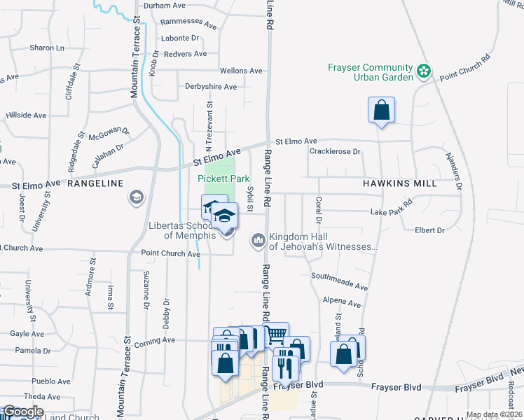 map of restaurants, bars, coffee shops, grocery stores, and more near 3845 Range Line Road in Memphis