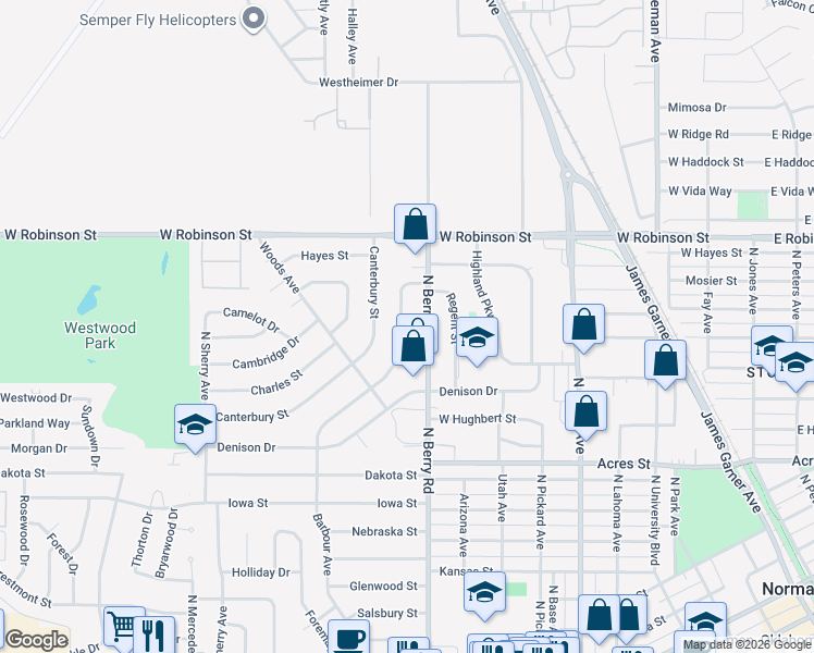 map of restaurants, bars, coffee shops, grocery stores, and more near 944 North Berry Road in Norman