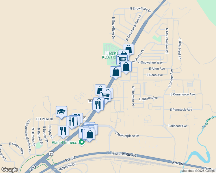 map of restaurants, bars, coffee shops, grocery stores, and more near U.S. Highway 89 in Flagstaff