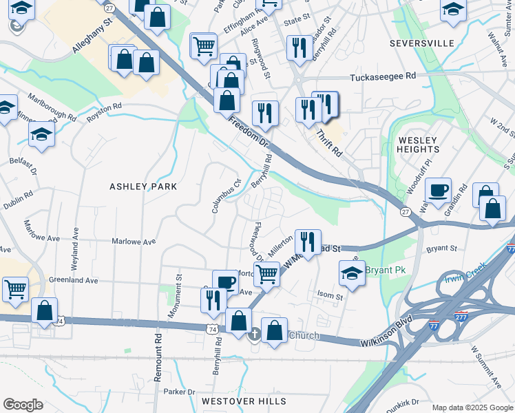 map of restaurants, bars, coffee shops, grocery stores, and more near 1732 Fleetwood Drive in Charlotte