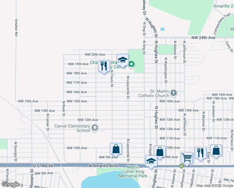 map of restaurants, bars, coffee shops, grocery stores, and more near 1444 Northwest 16th Avenue in Amarillo