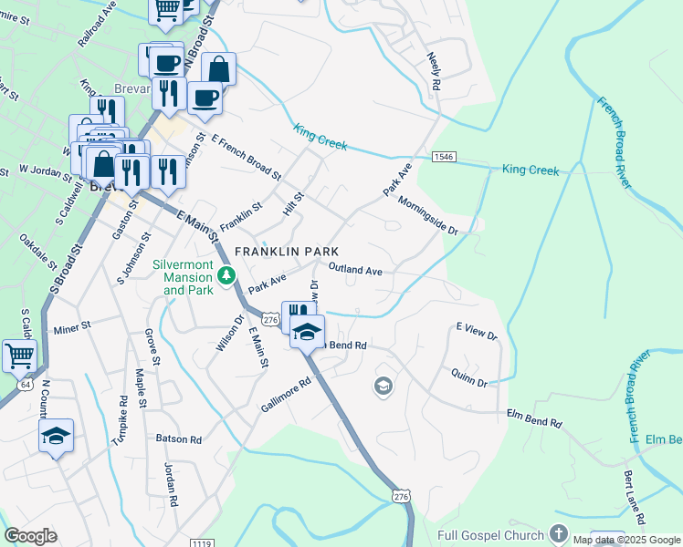 map of restaurants, bars, coffee shops, grocery stores, and more near 91 Outland Avenue in Brevard