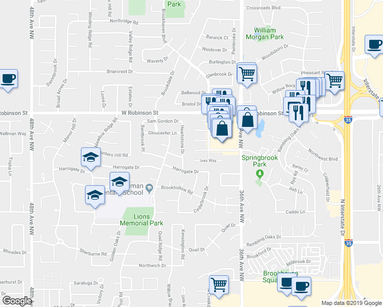 map of restaurants, bars, coffee shops, grocery stores, and more near 3832 Havenbrook Circle in Norman
