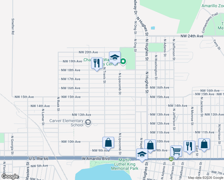 map of restaurants, bars, coffee shops, grocery stores, and more near 1408 Northwest 16th Avenue in Amarillo