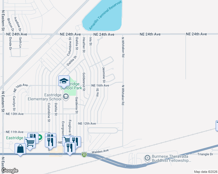 map of restaurants, bars, coffee shops, grocery stores, and more near 6738-6772 Northeast 16th Avenue in Amarillo