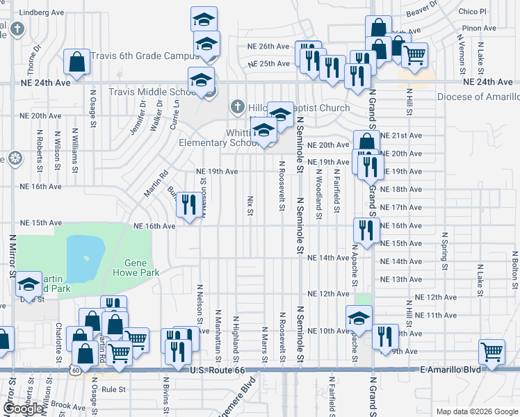 map of restaurants, bars, coffee shops, grocery stores, and more near 1616 North Marrs Street in Amarillo