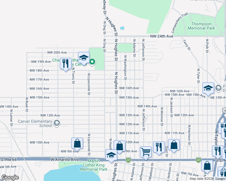 map of restaurants, bars, coffee shops, grocery stores, and more near 1602 North Hughes Street in Amarillo