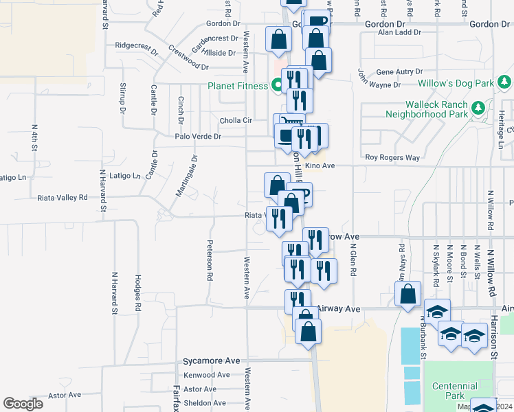 map of restaurants, bars, coffee shops, grocery stores, and more near 1106 Western Court in Kingman