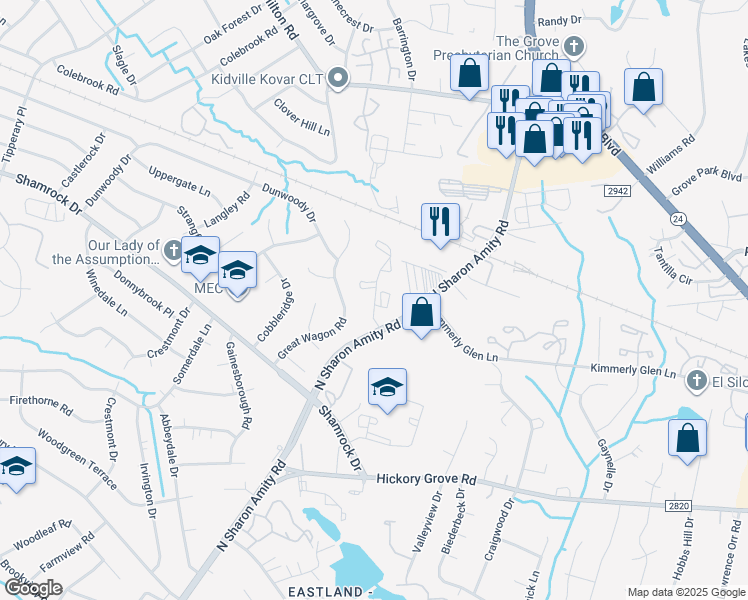 map of restaurants, bars, coffee shops, grocery stores, and more near 4608 Sharon Chase Drive in Charlotte