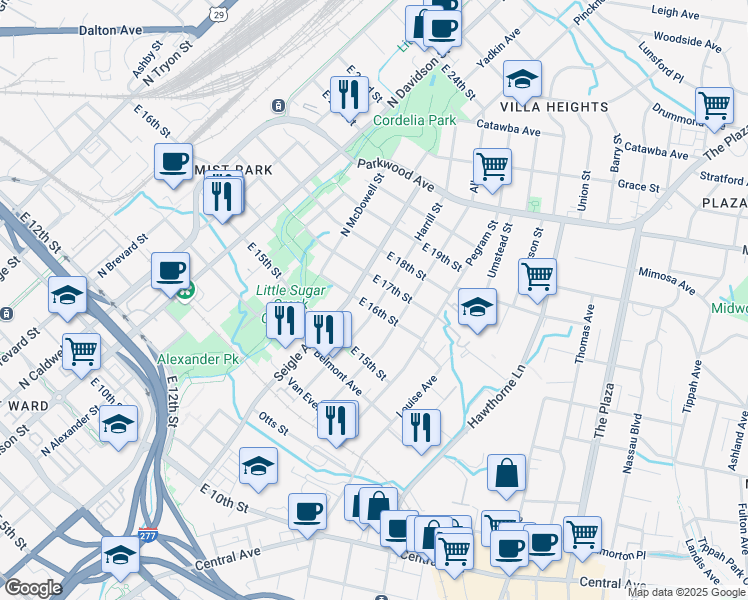 map of restaurants, bars, coffee shops, grocery stores, and more near in Charlotte