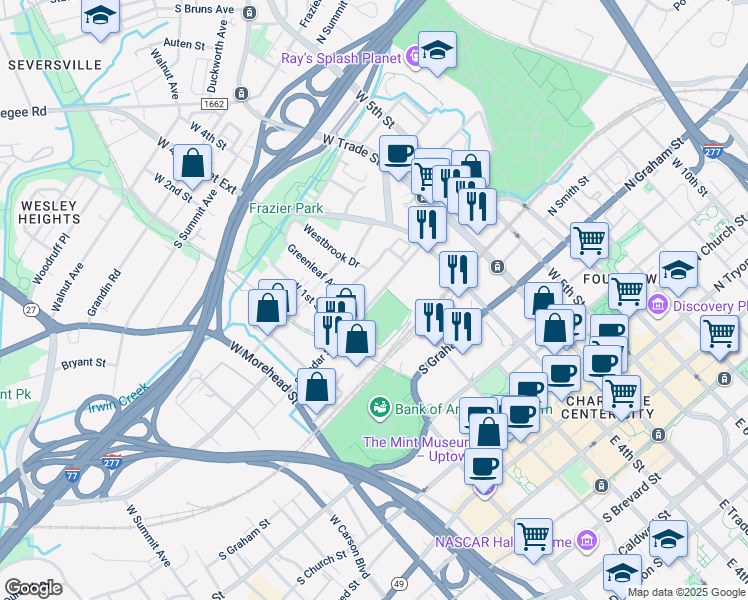 map of restaurants, bars, coffee shops, grocery stores, and more near 306 South Cedar Street in Charlotte
