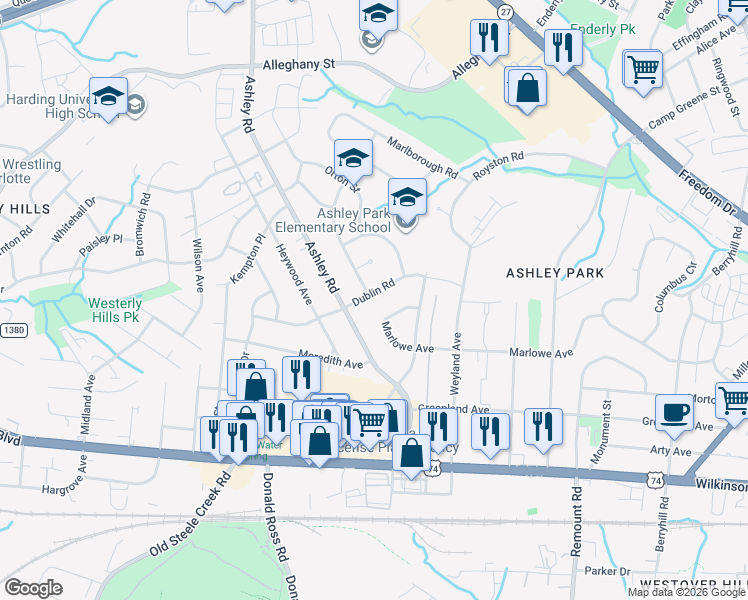 map of restaurants, bars, coffee shops, grocery stores, and more near 3157 Dublin Rd in Charlotte