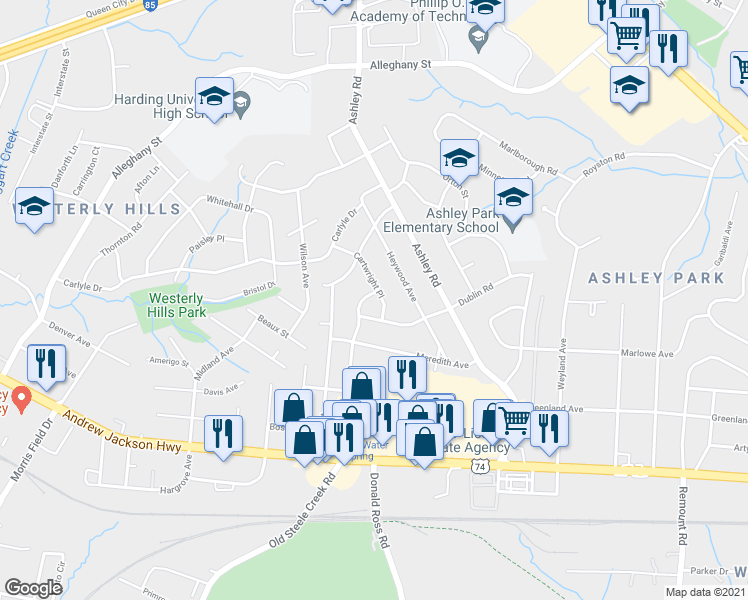 map of restaurants, bars, coffee shops, grocery stores, and more near 2334 Cartwright Place in Charlotte