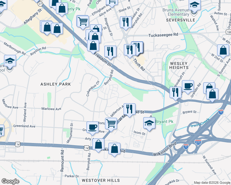 map of restaurants, bars, coffee shops, grocery stores, and more near 1734 Evergreen Drive in Charlotte
