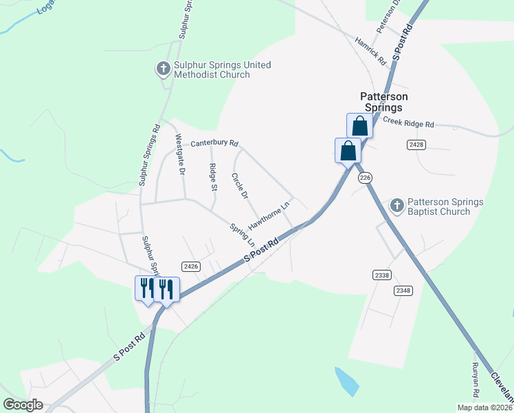 map of restaurants, bars, coffee shops, grocery stores, and more near 5117 Circle Drive in Shelby