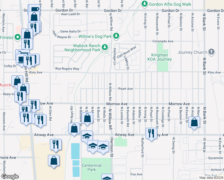 map of restaurants, bars, coffee shops, grocery stores, and more near 3696 North Verdugo Road in Kingman