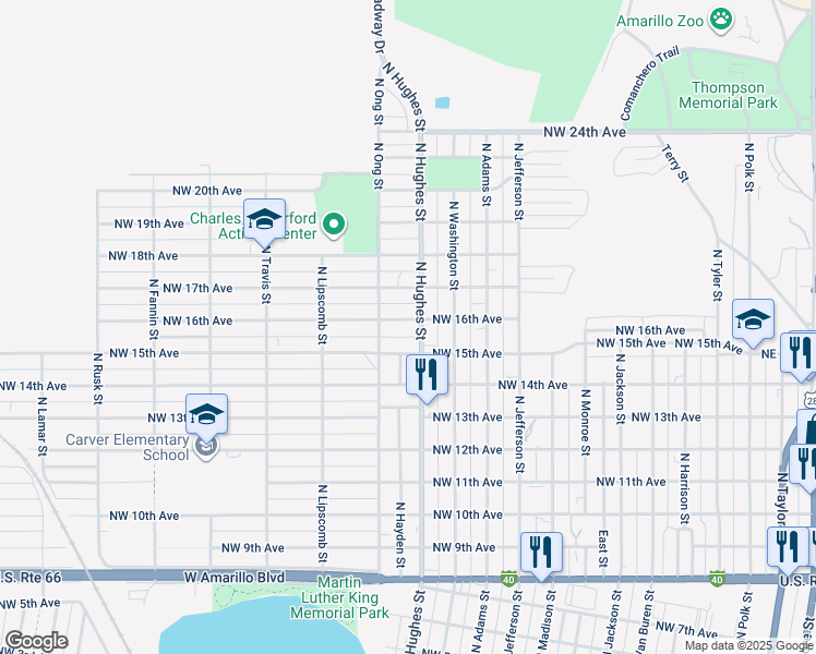 map of restaurants, bars, coffee shops, grocery stores, and more near 1602 North Hughes Street in Amarillo