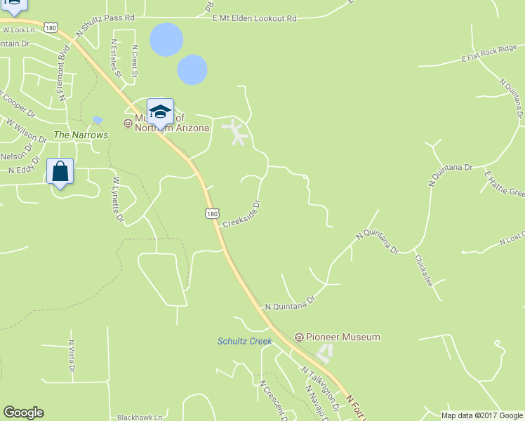 map of restaurants, bars, coffee shops, grocery stores, and more near 2912 North Creekside Drive in Flagstaff
