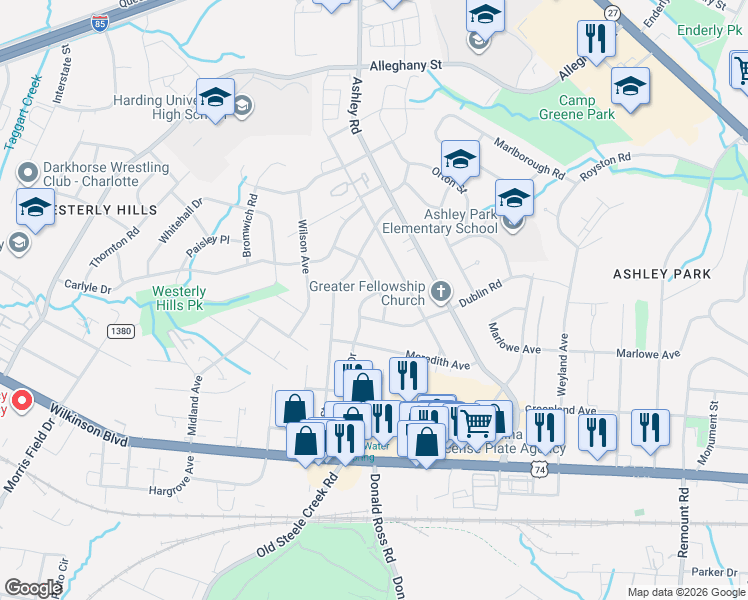 map of restaurants, bars, coffee shops, grocery stores, and more near 2334 Cartwright Place in Charlotte