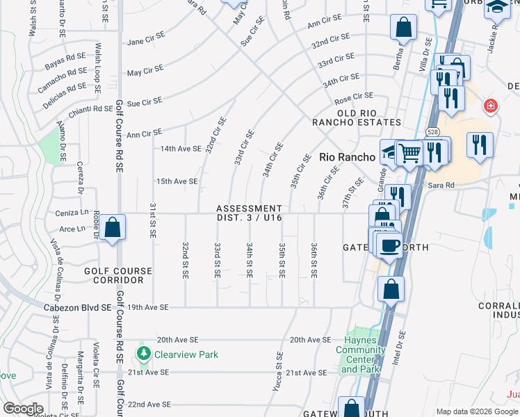 map of restaurants, bars, coffee shops, grocery stores, and more near 1550 34th Circle Southeast in Rio Rancho