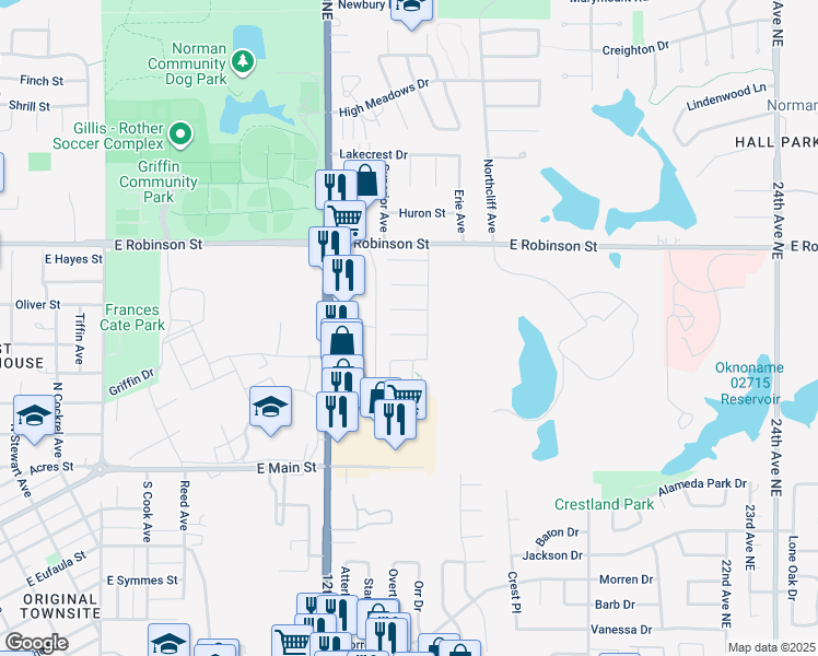map of restaurants, bars, coffee shops, grocery stores, and more near 1429 Sebastiani Circle in Norman