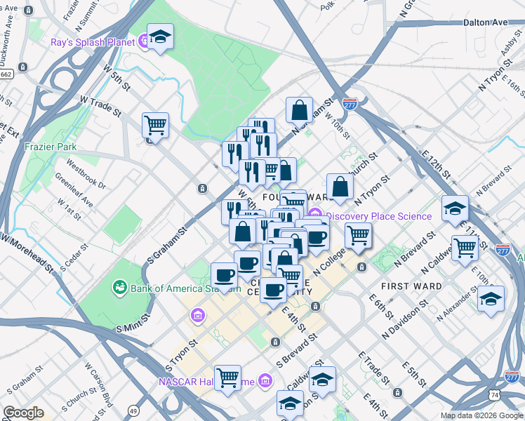 map of restaurants, bars, coffee shops, grocery stores, and more near in Charlotte