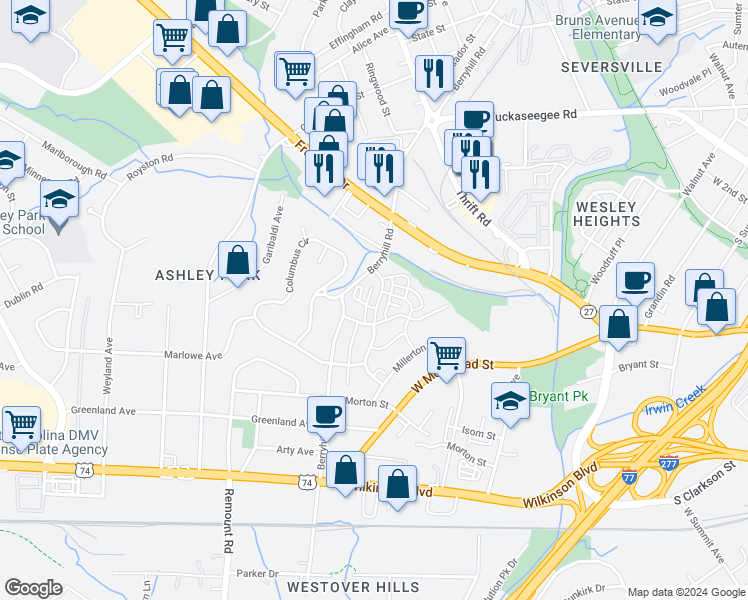 map of restaurants, bars, coffee shops, grocery stores, and more near 1724 Fleetwood Drive in Charlotte