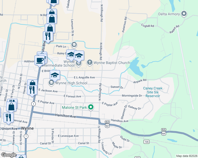 map of restaurants, bars, coffee shops, grocery stores, and more near 1003 Killough Road North in Wynne