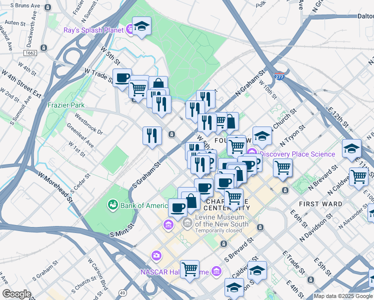 map of restaurants, bars, coffee shops, grocery stores, and more near 525 West Trade Street in Charlotte