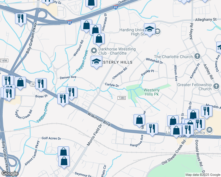 map of restaurants, bars, coffee shops, grocery stores, and more near 4133 Carlyle Drive in Charlotte