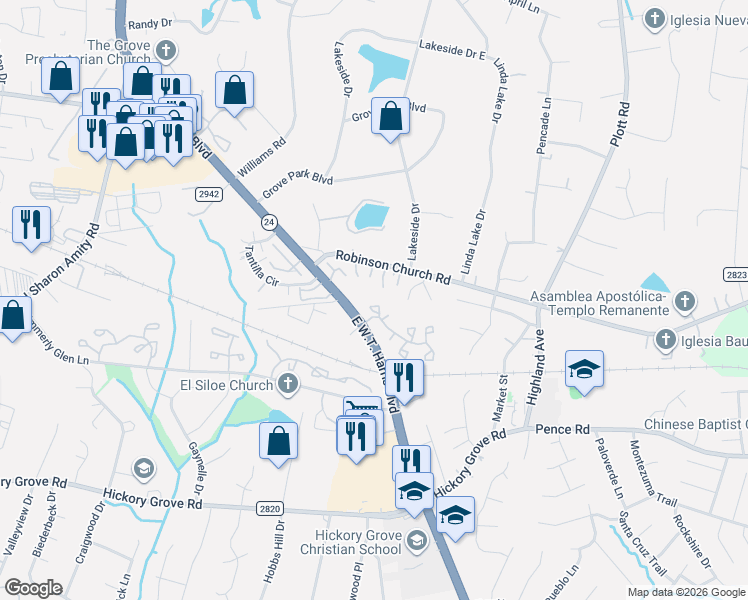map of restaurants, bars, coffee shops, grocery stores, and more near 6129 Windsor Gate Lane in Charlotte