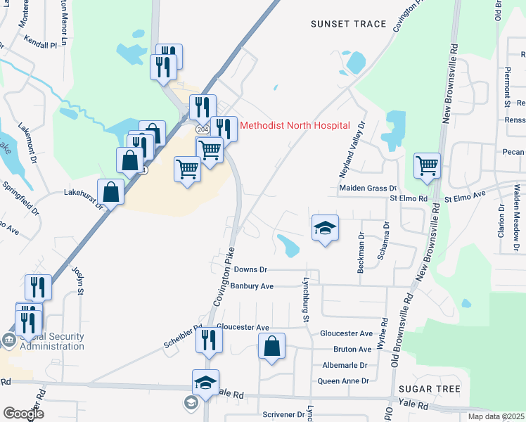 map of restaurants, bars, coffee shops, grocery stores, and more near 3840 Covington Pike in Memphis