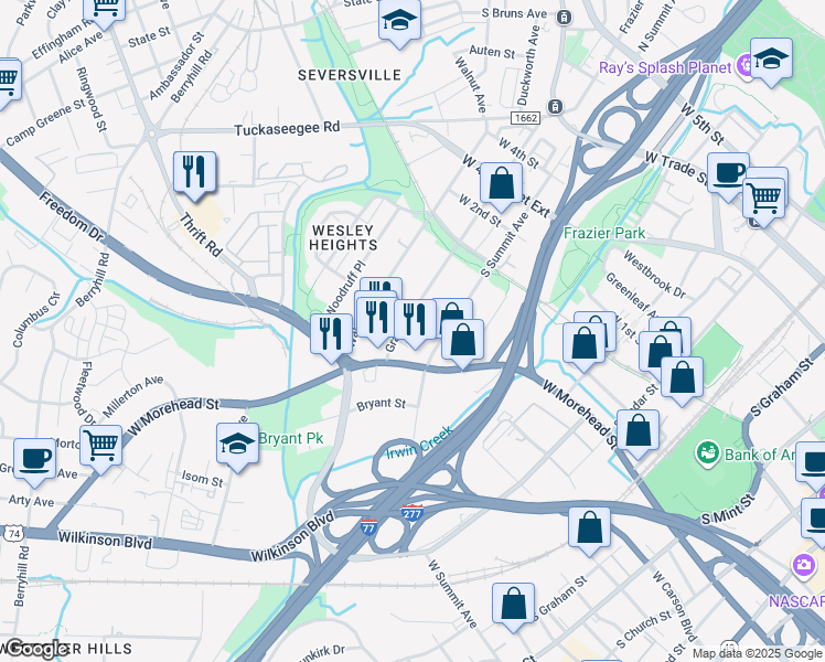 map of restaurants, bars, coffee shops, grocery stores, and more near 716 Grandin Road in Charlotte
