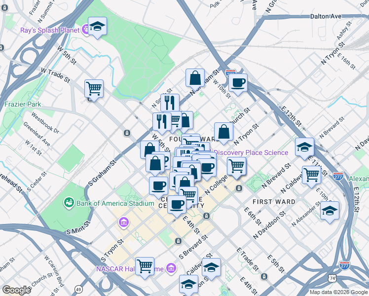 map of restaurants, bars, coffee shops, grocery stores, and more near 224 North Poplar Street in Charlotte