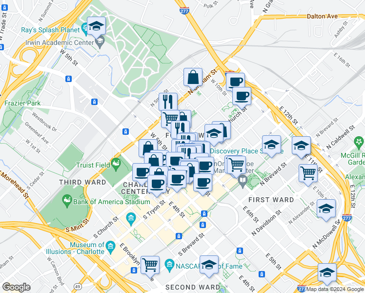 map of restaurants, bars, coffee shops, grocery stores, and more near in Charlotte