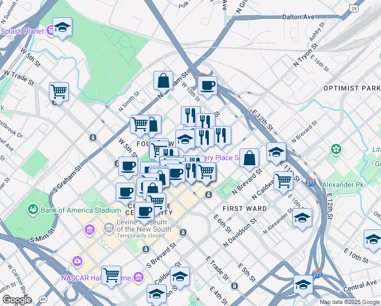 map of restaurants, bars, coffee shops, grocery stores, and more near in Charlotte
