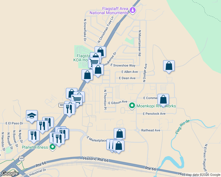 map of restaurants, bars, coffee shops, grocery stores, and more near 4760 East Lowell Drive in Flagstaff