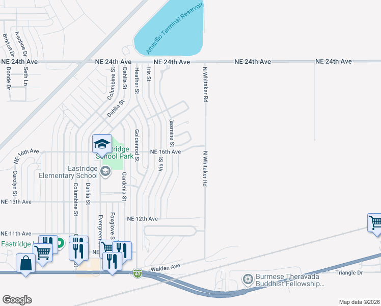 map of restaurants, bars, coffee shops, grocery stores, and more near 6738-6772 Northeast 16th Avenue in Amarillo