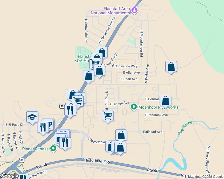 map of restaurants, bars, coffee shops, grocery stores, and more near 4760 East Lowell Drive in Flagstaff