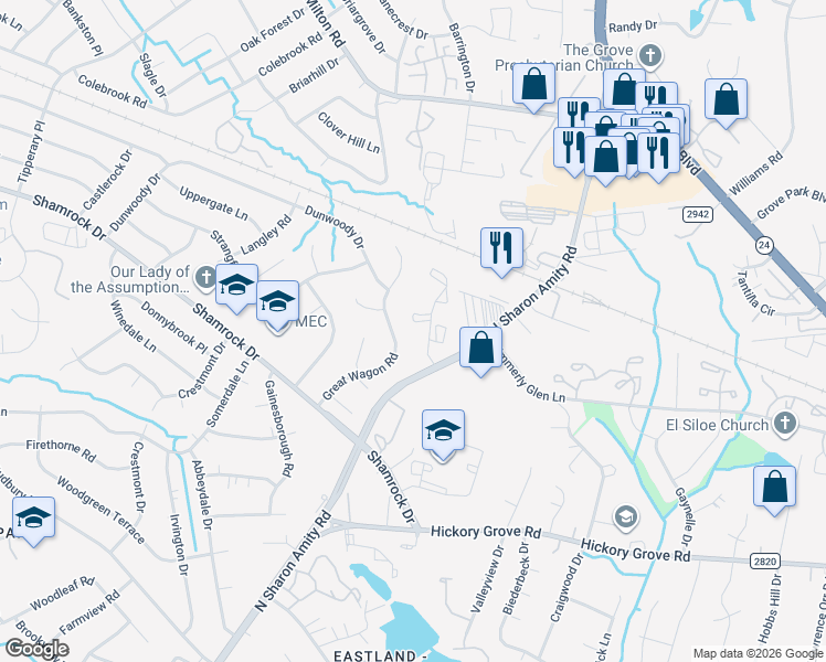 map of restaurants, bars, coffee shops, grocery stores, and more near 4608 Sharon Chase Drive in Charlotte