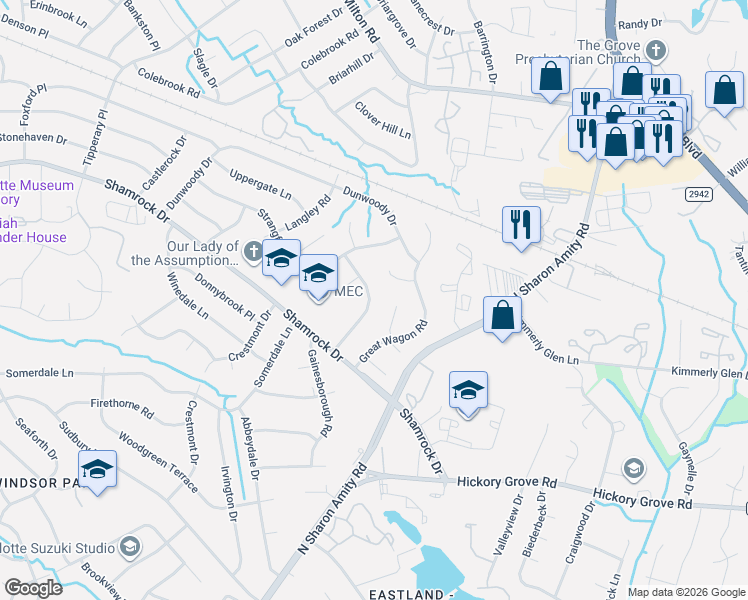 map of restaurants, bars, coffee shops, grocery stores, and more near 3732 Cobbleridge Drive in Charlotte