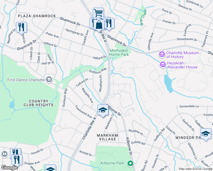 map of restaurants, bars, coffee shops, grocery stores, and more near 1908 Eastway Drive in Charlotte