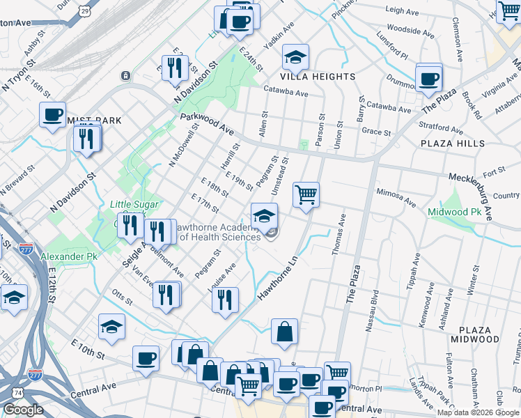 map of restaurants, bars, coffee shops, grocery stores, and more near in Charlotte