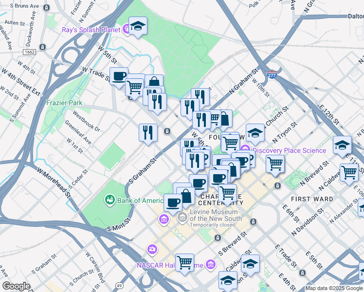 map of restaurants, bars, coffee shops, grocery stores, and more near 525 West Trade Street in Charlotte