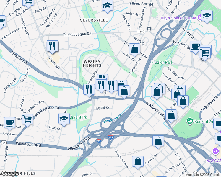 map of restaurants, bars, coffee shops, grocery stores, and more near in Charlotte