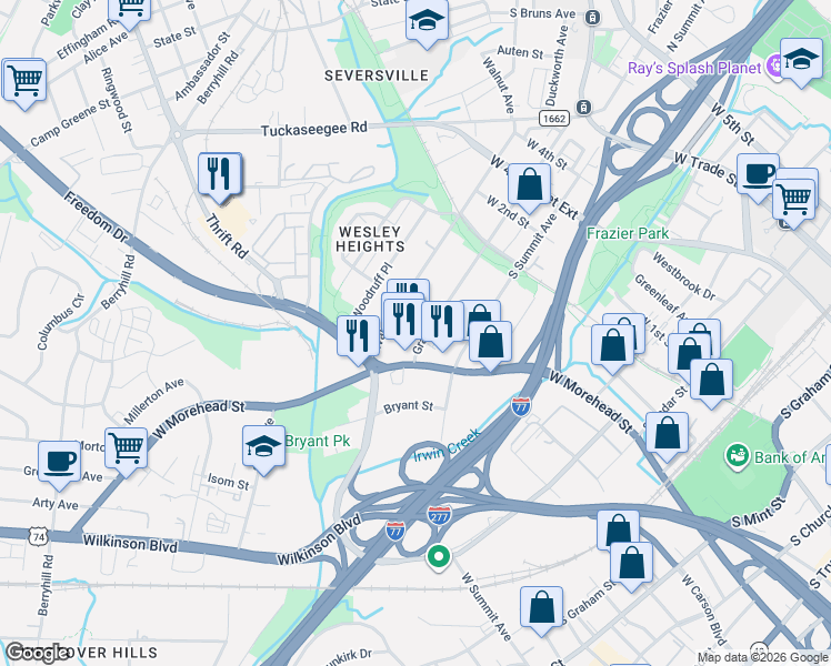 map of restaurants, bars, coffee shops, grocery stores, and more near in Charlotte