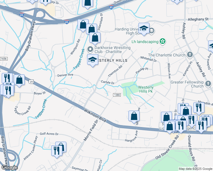 map of restaurants, bars, coffee shops, grocery stores, and more near 4133 Carlyle Drive in Charlotte